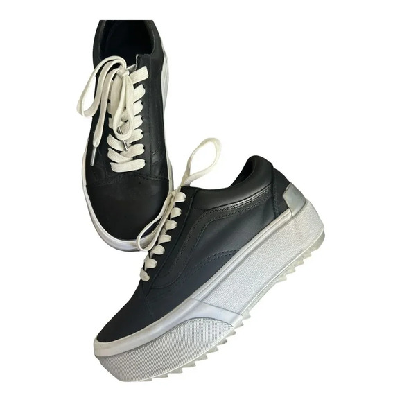 Vans Old Skool Stacked Shiny Black Leather Platform Sneaker Y2K Grunge W Size 6 - Picture 2 of 7